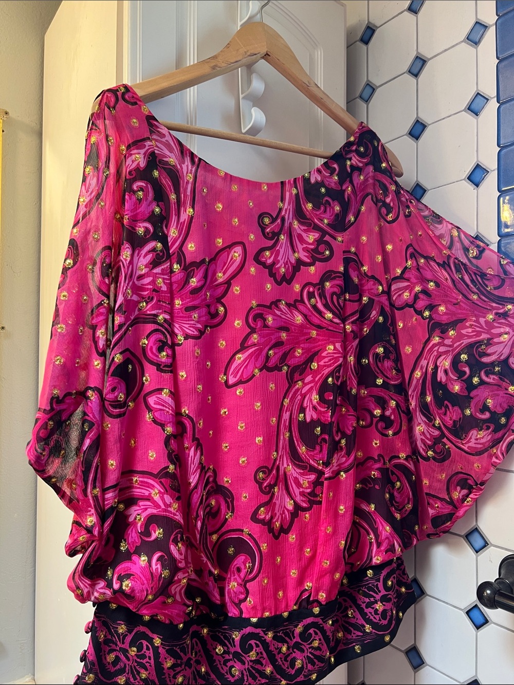 Yoana Baraschi Hot Pink and Black Paisley Batwing Tunic with Gold Dots